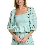 Tanya Taylor Emma Top Aqua And Navy Smocked With Balloon Sleeves Ruffles Med. Fixed Price $45.00.